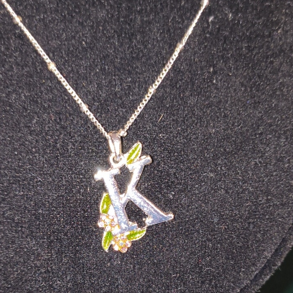 Avon Silver 'K' Pendant Necklace with Floral Accents
